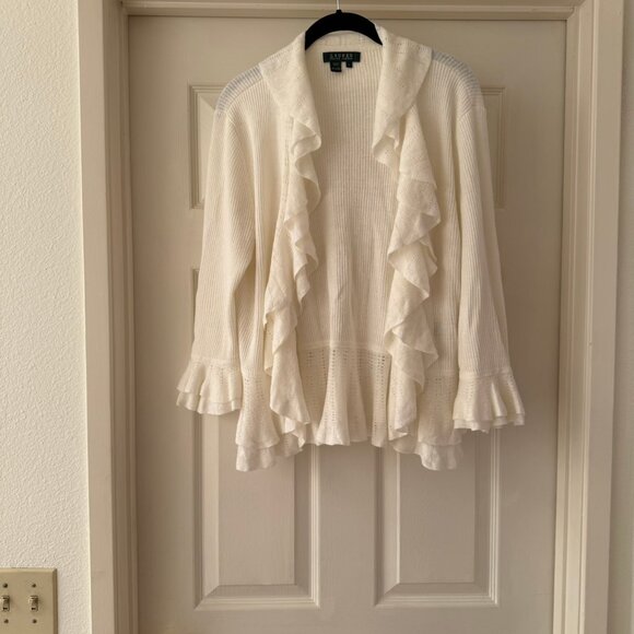 Exquisite Ralph Lauren White Double Ruffled Sweater - Natural Fiber (Large) - Picture 1 of 4